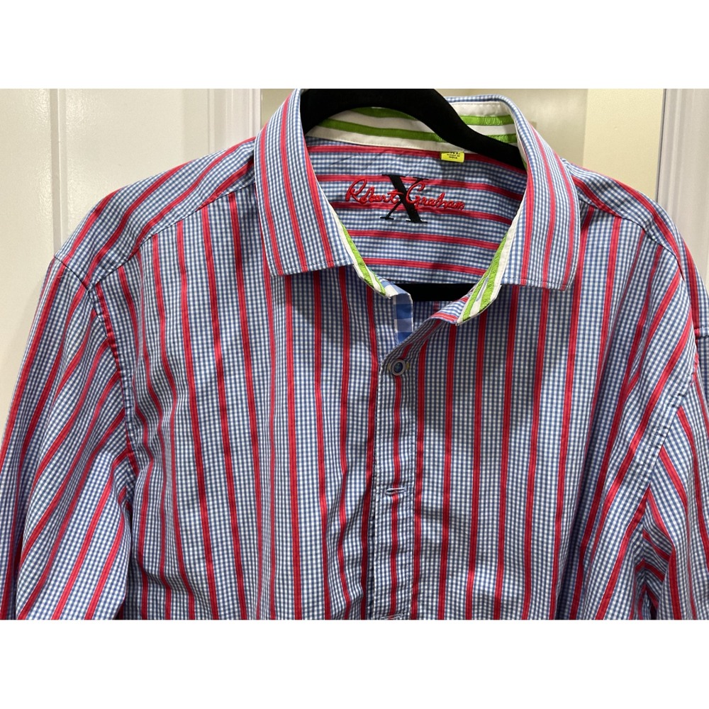 Robert Graham Mens 2XL Tailored Fit Striped Gingham Button Down Shirt Blue Red